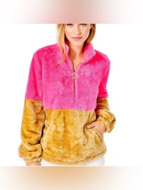 Lilly Pulitzer Two-Tone Teddy Half-Zip Jacket in Hot Pink & Tan